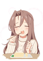 Rule 34 | 1girl, = =, absurdres, blush, chopsticks, closed eyes, food, hair between eyes, highres, holding, holding chopsticks, kantai collection, light brown hair, long hair, long sleeves, mizuwashi hayato, omelet, open mouth, simple background, smile, solo, sweater, tamagoyaki, upper body, white background, white sweater, zuihou (kancolle)