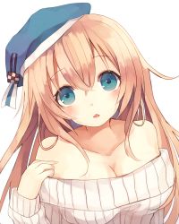 Rule 34 | 10s, 1girl, atago (kancolle), bare shoulders, beret, blonde hair, blue eyes, blush, breasts, cleavage, collarbone, hat, kantai collection, large breasts, long hair, long sleeves, off-shoulder, off-shoulder sweater, ribbed sweater, shugao, solo, sweater, triangle mouth, white background