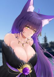 Rule 34 | 1girl, absurdres, ahoge, animal ear fluff, animal ears, azur lane, bare shoulders, black dress, blurry, blurry background, breasts, cleavage, closed mouth, commentary request, depth of field, dress, facial mark, fox ears, fur trim, highres, jewelry, large breasts, long hair, looking at viewer, magatama, magatama necklace, musashi (azur lane), necklace, outdoors, purple hair, slit pupils, smile, solo, whisker markings, yellow eyes, yukkurimikan