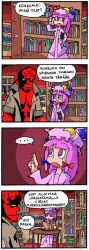 Rule 34 | ..., 1boy, 1girl, 4koma, blue bow, book, bookshelf, bow, colored sclera, colored skin, comic, crescent, crossover, demon boy, finnish text, hellboy, hellboy (comic), library, no pupils, open book, patchouli knowledge, profanity, purple eyes, purple hair, reading, red bow, red skin, setz, sitting, touhou, translated, voile, yellow eyes, yellow sclera