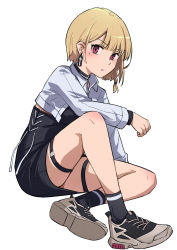 Rule 34 | 1girl, absurdres, baihuenyexing, black socks, blonde hair, earrings, highres, jewelry, looking at viewer, mole, mole under eye, original, parted lips, purple eyes, short hair, simple background, sitting, skirt, socks, solo, thigh strap, white background