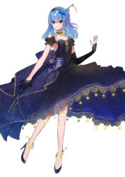 Rule 34 | 1girl, alternate costume, alternate hairstyle, anklet, asymmetrical hair, black choker, black dress, black gloves, black hairband, blue bow, blue dress, blue eyes, blue flower, blue footwear, blue hair, blue nails, blue rose, bow, breasts, choker, cleavage, closed mouth, clothing cutout, commentary, detached sleeves, dress, eyelashes, floral print, flower, frilled dress, frills, full body, gloves, hair between eyes, hair flower, hair ornament, hair stick, hairband, half gloves, half updo, high heels, highres, hololive, hoshimachi suisei, jewelry, layered dress, light blue hair, light smile, long hair, looking at viewer, medium breasts, multicolored flower, multicolored rose, nail polish, necklace, rose, saco (cgmore), see-through, see-through silhouette, shoulder cutout, side ponytail, simple background, single glove, single sleeve, smile, solo, star (symbol), star in eye, star necklace, symbol in eye, two-tone dress, virtual youtuber, white background