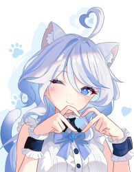 1girl ;) ahoge alternate_costume animal_ears blue_bow blue_bowtie blue_eyes blue_hair bow bowtie bu_weizhuang cat_ears furina_(genshin_impact) genshin_impact head_tilt heart heart_ahoge heart_hands highres kemonomimi_mode looking_at_viewer multicolored_hair one_eye_closed shirt sleeveless sleeveless_shirt smile solo streaked_hair upper_body white_hair white_shirt wrist_cuffs