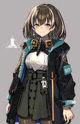 Rule 34 | 1girl, absurdres, alternate costume, arknights, bird mask, black coat, black pantyhose, black skirt, blush, breasts, brown hair, closed mouth, clothes writing, coat, commentary request, cowboy shot, earrings, emperor (arknights), grey background, hair between eyes, high-waist skirt, highres, jewelry, looking at viewer, magallan (arknights), mask, mask around neck, medium breasts, miniskirt, multicolored hair, open clothes, open coat, pantyhose, rhine lab logo, rhodes island logo (arknights), shirt, short hair, sigm@, simple background, single earring, skirt, smile, solo, streaked hair, turtleneck, two-tone hair, white hair, white shirt, yellow eyes