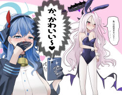 Rule 34 | 2girls, absurdres, ako (blue archive), animal ears, black gloves, black hairband, black horns, black leotard, blood, blue archive, blue eyes, blue hair, blue halo, blush, breasts, cellphone, crying, crying with eyes open, demon horns, demon wings, detached collar, fake animal ears, flying sweatdrops, gloves, hairband, halo, heart, highres, hina (blue archive), holding, holding phone, horns, large breasts, leotard, long hair, long sleeves, multiple girls, multiple horns, nosebleed, open mouth, pantyhose, phone, pink eyes, rabbit ears, san (harutuki 3), sideboob, small breasts, smartphone, speech bubble, strapless, strapless leotard, tears, translation request, very long hair, white hair, white pantyhose, wings, wrist cuffs