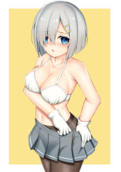 Rule 34 | 1girl, blue eyes, blush, bra, breasts, hair between eyes, hair ornament, hairclip, hamakaze (kancolle), kantai collection, large breasts, looking at viewer, navel, open mouth, pantyhose, pleated skirt, short hair, silver hair, simple background, skirt, solo, toshishikisai, underwear, white background, yellow background