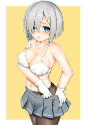 1girl blue_eyes blush bra breasts female_focus hair_between_eyes hair_ornament hairclip hamakaze_(kancolle) kantai_collection large_breasts looking_at_viewer navel open_mouth pantyhose pleated_skirt short_hair silver_hair simple_background skirt solo toshishikisai underwear white_background yellow_background