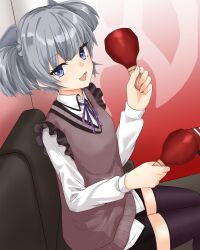 Rule 34 | 1girl, black skirt, black thighhighs, blue eyes, brown vest, collared shirt, couch, grey hair, headgear, holding maracas, i-36 (kancolle), instrument, kantai collection, karaoke, long sleeves, looking at another, looking at viewer, makinoki, maracas, neckerchief, official alternate costume, purple neckerchief, sailor collar, shirt, short hair, sitting, skirt, solo, thighhighs, twintails, vest, white shirt