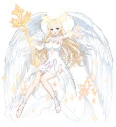 Rule 34 | 1girl, absurdres, angel, blonde hair, blue eyes, closers, colored skin, feet, full body, highres, levia (closers), long hair, navel, official art, solo, toes, transparent background, weapon, white skin, white wings, wings