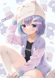 Rule 34 | 1girl, animal ears, arm up, bandaid, bandaid hair ornament, beanie, bear ears, black shirt, blue hair, blue shorts, brown footwear, commentary request, copyright request, fake animal ears, feet out of frame, hair ornament, hat, highres, jacket, knee up, long sleeves, multicolored hair, neki (wakiko), open clothes, open jacket, platform footwear, puffy long sleeves, puffy sleeves, purple eyes, purple hair, purple jacket, shirt, shoes, short shorts, shorts, sitting, sleeves past wrists, solo, stuffed animal, stuffed toy, teddy bear, thighhighs, two-tone hair, virtual youtuber, white background, white hat, white thighhighs