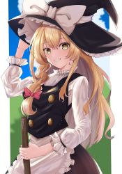 Rule 34 | 1girl, apron, black hat, black skirt, black vest, blonde hair, blush, bow, braid, erisauria, frills, grin, hair bow, hat, hat bow, highres, holding, kirisame marisa, long hair, long sleeves, looking at viewer, puffy sleeves, shirt, skirt, smile, solo, touhou, vest, waist apron, white apron, white bow, white shirt, witch hat, yellow eyes
