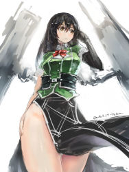 Rule 34 | 10s, 1girl, black gloves, black hair, black skirt, bow, chikuma (kancolle), elbow gloves, from below, gloves, hand up, kantai collection, long hair, long skirt, machinery, pelvic curtain, side slit, single glove, skirt, solo, standing, toka (marchlizard), white background, yellow eyes
