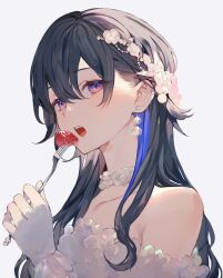 Rule 34 | 1girl, achiki, bare shoulders, blue hair, choker, collarbone, colored inner hair, commentary, dress, ear piercing, earrings, flower, flower earrings, food, fork, frilled choker, frilled dress, frilled gloves, frills, fruit, gloves, hair flaps, hair flower, hair ornament, highres, holding, holding fork, ichinose uruha, jewelry, long hair, looking at viewer, lupinus virtual games, multicolored hair, off-shoulder dress, off shoulder, open mouth, piercing, purple eyes, sidelocks, simple background, solo, strawberry, swept bangs, symbol-only commentary, teeth, upper body, upper teeth only, virtual youtuber, vspo!, white background, white dress, white gloves