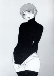 Rule 34 | 1boy, androgynous, blush, bulge, greyscale, highres, male focus, monochrome, no pants, open mouth, original, po-ju, scan, shirt tug, short hair, solo, thighhighs, turtleneck, wide hips
