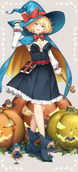 Rule 34 | 1girl, adjusting clothes, adjusting headwear, alice margatroid, belt, black dress, black footwear, blonde hair, blue cape, blue eyes, blue hat, book, book holster, boots, bow, breasts, cape, cleavage, doll, dress, frilled dress, frilled sleeves, frills, full body, half-closed eyes, halloween, halloween costume, hat, hat bow, hataraki kuma, high heel boots, high heels, highres, holding, holding wand, jack-o&#039;-lantern, jewelry, looking at viewer, medium breasts, medium dress, open mouth, orange cape, red belt, red bow, ring, shanghai doll, short hair, shrug (clothing), smile, solo, standing, strapless, strapless dress, touhou, two-sided cape, two-sided fabric, wand, white sleeves, witch hat