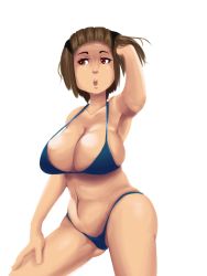 Rule 34 | 1girl, :o, adjusting hair, armpits, belly, bikini, blue bikini, breasts, brown hair, cleavage, collarbone, hand on leg, highleg, highleg bikini, highleg swimsuit, huge breasts, looking to the side, navel, nose, open mouth, original, plump, red eyes, short hair, simple background, solo, standing, swimsuit, white background, zhlink