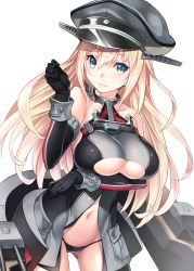 Rule 34 | 10s, 1girl, anchor, bare shoulders, bismarck (kancolle), black gloves, black panties, blonde hair, blue eyes, blush, breasts, cannon, cleavage, cleavage cutout, clothing cutout, detached sleeves, female focus, gloves, hat, highres, kantai collection, large breasts, lasa (lasa1116), long hair, looking at viewer, military, military uniform, navel, panties, peaked cap, simple background, solo, underboob, underwear, uniform, white background