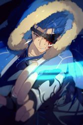 Rule 34 | 1boy, armor, blood, blood on face, blue hair, cape, capelet, commentary request, cu chulainn (caster) (fate), cu chulainn (fate), echo (circa), eyepatch, fate/grand order, fate (series), fingerless gloves, fur-trimmed hood, fur trim, gloves, hood, hood up, hooded capelet, jewelry, light particles, long hair, looking at viewer, male focus, multiple boys, red eyes, smile, solo, spiked hair, teeth, upper body