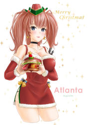 Rule 34 | 1girl, absurdres, atlanta (kancolle), bare shoulders, blue eyes, blush, breasts, brown hair, burger, christmas, dress, earrings, food, fur-trimmed dress, fur trim, garrison cap, hair ornament, hat, highres, jewelry, kantai collection, large breasts, long hair, looking at viewer, merry christmas, open mouth, red dress, santa costume, santa dress, skypixter, smile, solo, star (symbol), star earrings, twintails, two side up