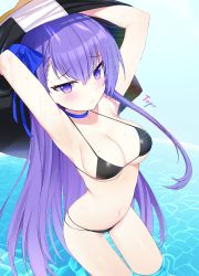 Rule 34 | 1girl, alternate breast size, animal costume, armpits, arms behind head, arms up, artist name, bare arms, bare shoulders, bikini, black bikini, blue ribbon, blush, breasts, caustics, choker, cleavage, closed mouth, collarbone, fate/grand order, fate (series), hair between eyes, hair ribbon, highres, large breasts, long hair, looking at viewer, meltryllis, meltryllis (fate), meltryllis (swimsuit lancer) (fate), meltryllis (swimsuit lancer) (first ascension) (fate), navel, penguin costume, purple eyes, purple hair, ribbon, solo, sweat, swimsuit, topu, undressing, very long hair, wading, water, wavy mouth
