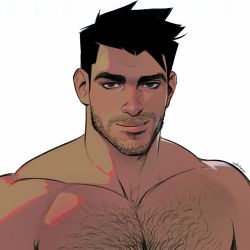 Rule 34 | 1boy, bara, beard, black hair, brown eyes, chest hair, closed mouth, facial hair, highres, large pectorals, looking at viewer, male focus, manly, mature male, muscular, muscular male, original, pectorals, seupil hyugo (spirohugo), short hair, sideburns, simple background, smile, solo, thick eyebrows, topless male, upper body