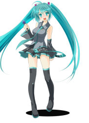 Rule 34 | 1girl, aqua eyes, aqua hair, bare shoulders, black footwear, black skirt, blush, boots, breasts, detached sleeves, duplicate, full body, grey shirt, hand up, hatsune miku, holding, legs, long hair, looking at viewer, mahan, microphone, miniskirt, necktie, open mouth, pleated skirt, shirt, simple background, skirt, sleeveless, sleeveless shirt, solo, standing, suspender skirt, suspenders, thigh boots, thighhighs, twintails, very long hair, vocaloid, white background, wide sleeves