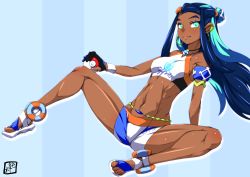 Rule 34 | 1girl, armlet, bikini, black hair, blue background, blue eyes, blush, bracelet, breasts, creatures (company), dark-skinned female, dark skin, donson, earrings, full body, game freak, gloves, gym leader, hoop earrings, jewelry, long hair, looking at viewer, medium breasts, multicolored hair, navel, necklace, nessa (pokemon), nintendo, poke ball, pokemon, pokemon swsh, sandals, simple background, smile, solo, spread legs, streaked hair, striped, striped background, swimsuit, tankini, two-tone hair