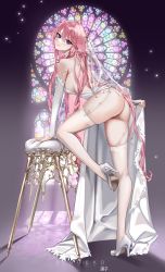 Rule 34 | 1girl, absurdres, alternate costume, animal ears, ass, bare shoulders, blush, breasts, bridal gauntlets, bridal veil, bride, church, dress, fox ears, full body, garter straps, genshin impact, hair between eyes, hair ornament, high heels, highres, jewelry, legs, long hair, looking at viewer, medium breasts, pink hair, pinup (style), purple eyes, ringeko-chan, shoes, signature, smile, solo, stained glass, thighhighs, thighs, veil, very long hair, wedding dress, white dress, white thighhighs, yae miko
