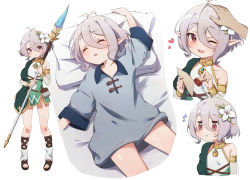 Rule 34 | 1girl, :x, ^^^, alternate costume, antenna hair, blouse, blue shirt, blush, closed eyes, collared shirt, cropped torso, dress, flower, full body, green dress, grey hair, hair between eyes, hair flower, hair ornament, headpat, heart, highres, holding, holding polearm, holding spear, holding weapon, kokkoro (princess connect!), lunia, multiple views, one eye closed, out of frame, pillow, pointy ears, polearm, princess connect!, red eyes, sandals, see-through, see-through sleeves, shirt, short hair, simple background, sleeping, spear, standing, sweat, weapon, white background, white flower