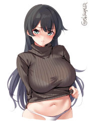 Rule 34 | 1girl, agano (kancolle), black hair, breasts, commentary request, ebifurya, green eyes, grey sweater, highres, kantai collection, large breasts, long hair, looking at viewer, navel, panties, ribbed sweater, simple background, solo, sweater, turtleneck, twitter username, underwear, white background, white panties