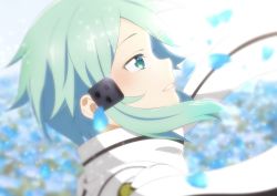Rule 34 | 1girl, blue eyes, blue hair, blurry, blurry background, floating hair, from side, grin, hair ornament, hairclip, highres, petals, portrait, profile, scarf, short hair with long locks, sidelocks, sinon, smile, solo, sword art online, white scarf, yaato (yamato99725444)