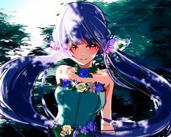 Rule 34 | 10s, 1girl, ?, backlighting, bad id, bad pixiv id, blue flower, blue hair, blue rose, blue sky, breasts, brown eyes, collarbone, dappled sunlight, day, dress, flower, hair flower, hair ornament, idolmaster, idolmaster million live!, jewelry, kitakami reika, light smile, long hair, looking at viewer, low twintails, medium breasts, moto hiro, outdoors, rose, sketch, sky, solo, strapless, strapless dress, sunlight, twintails, upper body, yellow flower, yellow rose