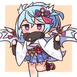 Rule 34 | 1girl, blue bow, blue hair, blue skirt, blue wings, blush, bow, brown background, chibi, covered mouth, empty eyes, feet out of frame, fur-trimmed sleeves, fur collar, fur trim, hair between eyes, hair bow, hana kazari, highres, japanese clothes, kimono, long sleeves, looking at viewer, obi, pinching sleeves, pleated skirt, pointy ears, princess connect!, purple eyes, sash, sheffy (new year) (princess connect!), sheffy (princess connect!), skirt, solo, standing, standing on one leg, two-tone background, white background, white kimono, wide sleeves, wings