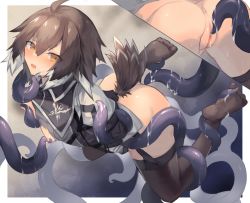 Rule 34 | 1girl, ahoge, anus, arknights, arms behind back, ass, bird tail, black thighhighs, blush, breasts, breasts out, brown hair, censored, cleft of venus, commentary, cut-away, feathers, garter straps, grey shirt, hair between eyes, imminent penetration, imminent vaginal, mosaic censoring, multicolored hair, multiple views, nipple stimulation, nipple tweak, open mouth, plume (arknights), pussy, restrained, sasa onigiri, shirt, short hair, small breasts, sweat, tail, tentacles, thighhighs, torn clothes, torn shirt, two-tone hair, white footwear, white hair, yellow eyes
