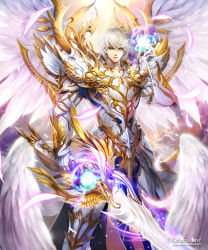 Rule 34 | 1boy, angel wings, armor, cloud, feathered wings, gauntlets, glowing, glowing weapon, gold armor, kei1115, male focus, official art, shingoku no valhalla gate, grey eyes, solo, standing, sword, watermark, weapon, web address, white armor, white hair, wings