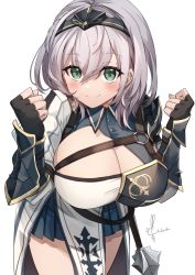 Rule 34 | 1girl, arm guards, black gloves, blue skirt, blush, breasts, cleavage, cleavage cutout, clothing cutout, diadem, fingerless gloves, gloves, gold trim, green eyes, highres, hololive, kito koruta, large breasts, long sleeves, looking at viewer, pelvic curtain, shirogane noel, shirogane noel (1st costume), short hair, silver hair, simple background, skirt, smile, solo, thighs, virtual youtuber, white background