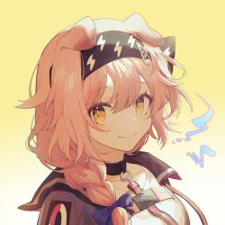 Rule 34 | 1girl, absurdres, animal ears, arknights, black hairband, blouse, bow, braid, cat ears, closed mouth, collar, collarbone, goldenglow (arknights), gradient background, hair bow, hairband, highres, lightning bolt print, long hair, looking at viewer, open clothes, orange eyes, pink hair, portrait, purple bow, shirt, side braid, smile, solo, white shirt, yellow background