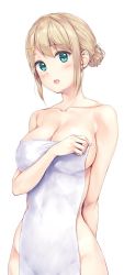 Rule 34 | 1girl, :d, aqua eyes, arm behind back, bad id, bad twitter id, blonde hair, blush, breasts, collarbone, covering privates, cowboy shot, hair bun, hair ornament, hairclip, highres, large breasts, nude, nude cover, open mouth, original, pasdar, simple background, single hair bun, smile, smiley face, solo, towel, white background