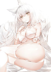 Rule 34 | 1girl, :o, animal ear fluff, animal ears, ass, bikini, breasts, finger to mouth, fox ears, fox girl, highres, large breasts, long hair, looking at viewer, mole, mole on breast, mole under eye, original, solo, swimsuit, symbol-only commentary, thighhighs, thighs, very long hair, white bikini, white hair, white thighhighs, yellow eyes, yukineko1018