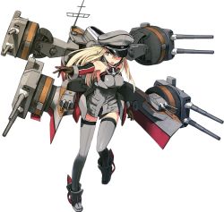 Rule 34 | 10s, 1girl, bismarck (kancolle), blonde hair, boots, breasts, brown gloves, cannon, detached sleeves, full body, gloves, grey eyes, grey footwear, grey thighhighs, hat, kantai collection, long hair, mecha musume, official art, open mouth, peaked cap, personification, shimada fumikane, solo, thighhighs, transparent background