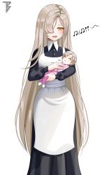 Rule 34 | apron, asymmetrical hair, azur lane, baby, baby carry, black dress, carrying, collared dress, commander cool, dress, hair over one eye, highres, jewelry, light brown hair, long hair, long neck, long sleeves, mother and daughter, music, musical note, open mouth, orange eyes, ornate ring, ring, sheffield (azur lane), short hair, singing, sound effects, teeth, upper teeth only, very long hair, wedding ring, white apron, white background, zzz