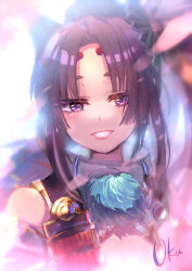 Rule 34 | 1girl, armor, black hair, blue eyes, blush, commentary request, fate/grand order, fate (series), feathers, hat, highres, japanese armor, long hair, looking at viewer, open mouth, parted bangs, pom pom (clothes), shoulder armor, side ponytail, simple background, smile, sode, solo, tate eboshi, ukumituki, ushiwakamaru (fate)