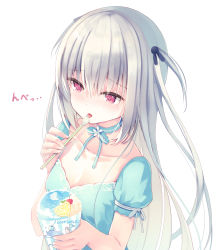 Rule 34 | 1girl, blue bow, blue dress, blush, bow, collarbone, cup, disposable cup, dress, drinking straw, flower, food, hair between eyes, hair ornament, hand up, highres, holding, holding cup, holding drinking straw, holding spoon, humuyun, licking, long hair, looking away, nose blush, original, puffy short sleeves, puffy sleeves, rabbit hair ornament, red eyes, shaved ice, short sleeves, silver hair, simple background, solo, spoon, tongue, tongue out, translation request, two side up, very long hair, white background, white flower