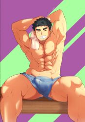 Rule 34 | 1boy, ?, ??, ^ ^, abs, armpits, arms up, bara, blue male underwear, boxers, bulge, closed eyes, erection, erection under clothes, facial hair, facing viewer, feet out of frame, flaccid, goatee stubble, grin, highres, large pectorals, male focus, male underwear, mature male, muscular, muscular male, navel, no nipples, pectorals, ragi san (ononokomachiimo), senpai ga uzai kouhai no hanashi, short hair, sideburns, smile, solo, spread legs, stomach, stubble, sweat, takeda harumi (shiromanta), thick eyebrows, thick thighs, thighs, topless male, underwear, very sweaty, wiping sweat