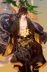 Rule 34 | 1boy, arm tattoo, branch, brown hair, chinese clothes, coin, collarbone, commentary, cracked skin, dragon boy, dragon horns, dragon print, dragon tail, earrings, falling money, fangs, genshin impact, gradient hair, hair between eyes, highres, horns, jewelry, light particles, long hair, long sleeves, male focus, multicolored hair, open mouth, orange hair, rokuon, scales, simple background, single earring, solo, symbol, symbol-only commentary, tail, tassel, tassel earrings, tattoo, wide sleeves, yellow eyes, zhongli (genshin impact)