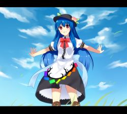 Rule 34 | 1girl, bad id, bad pixiv id, blue hair, bow, bowtie, cloud, day, dress, female focus, food, fruit, garigarigari, grin, hat, hinanawi tenshi, letterboxed, long hair, outstretched arms, peach, petticoat, red eyes, sky, smile, solo, spread arms, touhou
