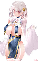 Rule 34 | 1girl, 7give, absurdres, azur lane, blush, braid, breast curtains, breasts, china dress, chinese clothes, cleavage, closed mouth, dress, garter straps, gloves, grey dress, hair between eyes, hair ornament, half gloves, highres, large breasts, looking at viewer, neckwear between breasts, pelvic curtain, red eyes, revealing clothes, see-through, short hair, side braid, sideboob, simple background, sirius (azur lane), sirius (azure horizons) (azur lane), solo, thighhighs, thighs, white background, white gloves, white hair, white thighhighs