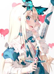 Rule 34 | 1girl, absurdres, bandages, blonde hair, blue choker, blush, butterfly hair ornament, choker, fangs, hair ornament, heart, heart-shaped pupils, heart background, highres, holding, holding sword, holding weapon, kanzi, long hair, looking at viewer, open mouth, original, purple eyes, short sleeves, sword, symbol-shaped pupils, teeth, upper body, upper teeth only, weapon, white background