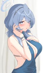 Rule 34 | 1girl, absurdres, ako (blue archive), ako (dress) (blue archive), backless dress, backless outfit, black hairband, blue archive, blue dress, blue eyes, blue hair, blue halo, blush, breasts, cleavage, den (den1115 ), dress, earrings, fingernails, glint, hairband, halo, highres, jewelry, large breasts, long hair, looking at viewer, nail polish, official alternate costume, open mouth, purple nails, sleeveless, sleeveless dress, solo, upper body