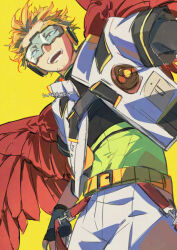 1boy belt black_gloves blonde_hair boku_no_hero_academia facial_hair fingerless_gloves gloves goatee_stubble goggles hawks_(boku_no_hero_academia) jacket kadeart male_focus pants red_wings short_hair solo stubble teeth white_jacket white_pants wings yellow_belt